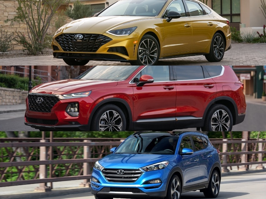 les 3 meilleurs voitures pour adolescents, Sonata 2020 jaune, Santa Fe 2020 rouge et le Tucson 2017 bleu