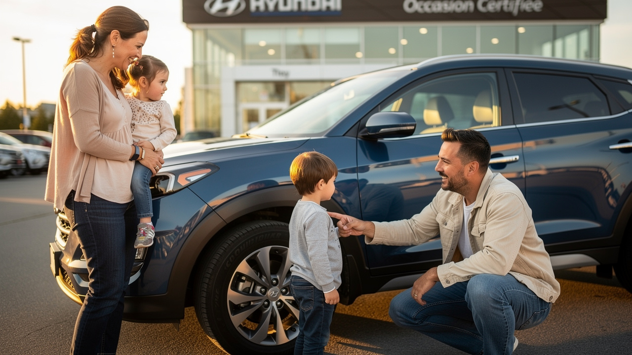 Famille québécoise heureuse avec véhicule d'occasion Hyundai Tucson