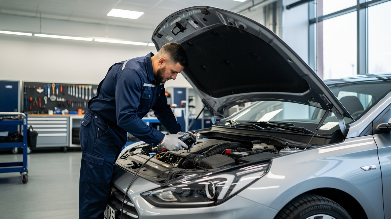 Professional Hyundai mechanic inspecting vehicle engine in workshop