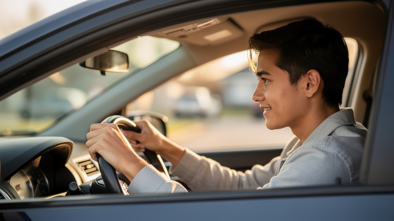 person nervously excited driving their first car