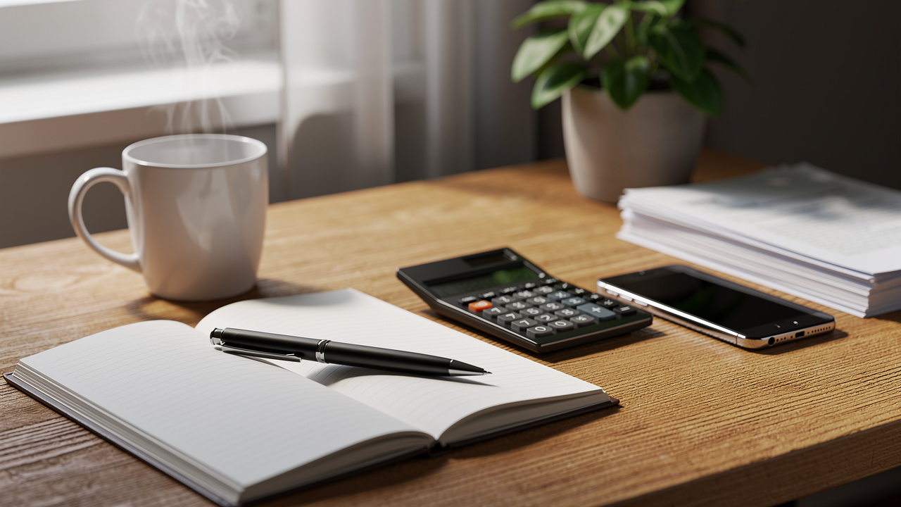 notebook and calculator on budget planning desk