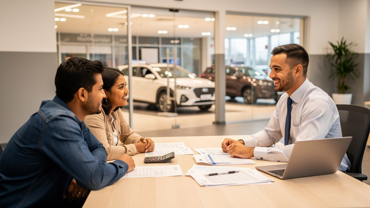 Conseiller en financement expliquant les options à un couple immigrant
