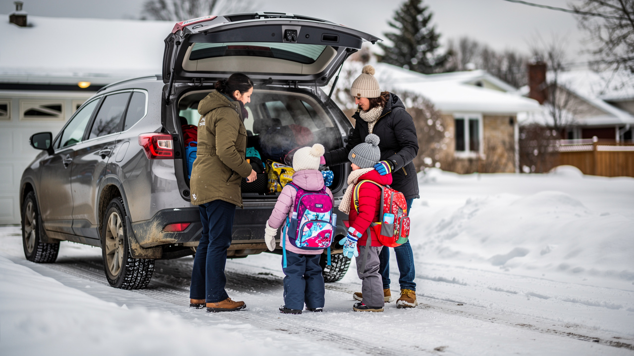 Famille chargeant un véhicule familial en hiver