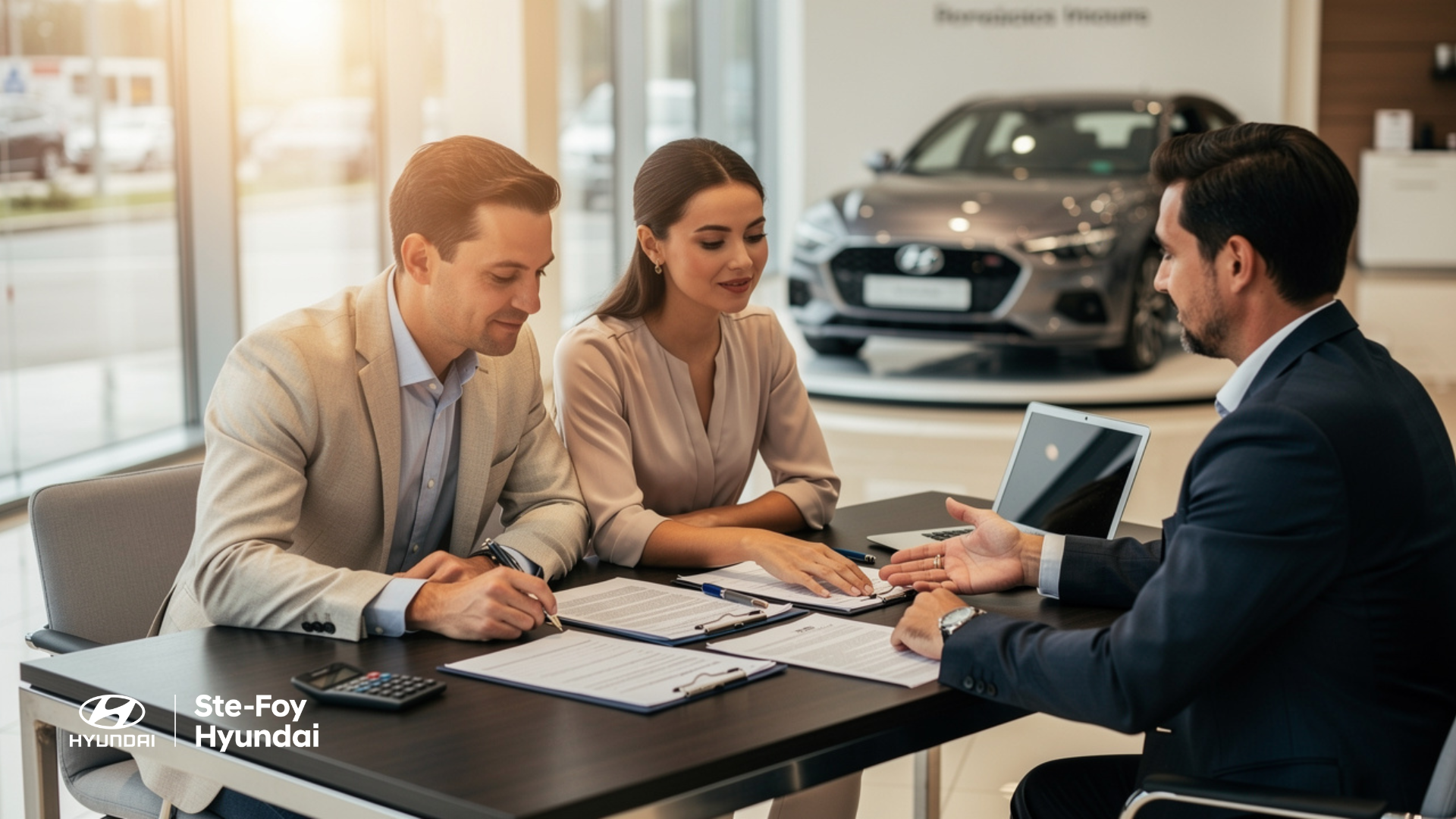 Conseiller Hyundai expliquant fonctions Bluelink lors essai routier